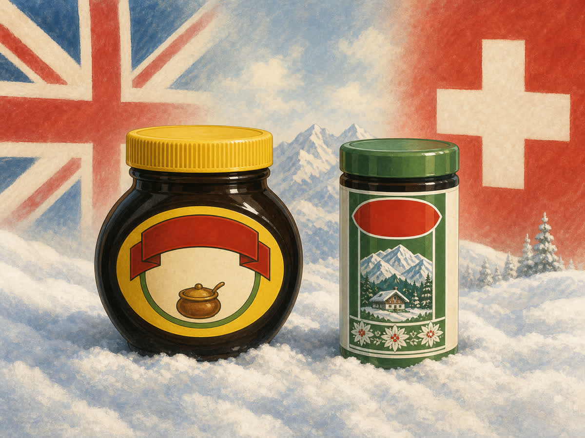 Union Jack alongside the Swiss white-cross-on-red flag, a Marmite jar and a Cenovis tin in a snowdrift