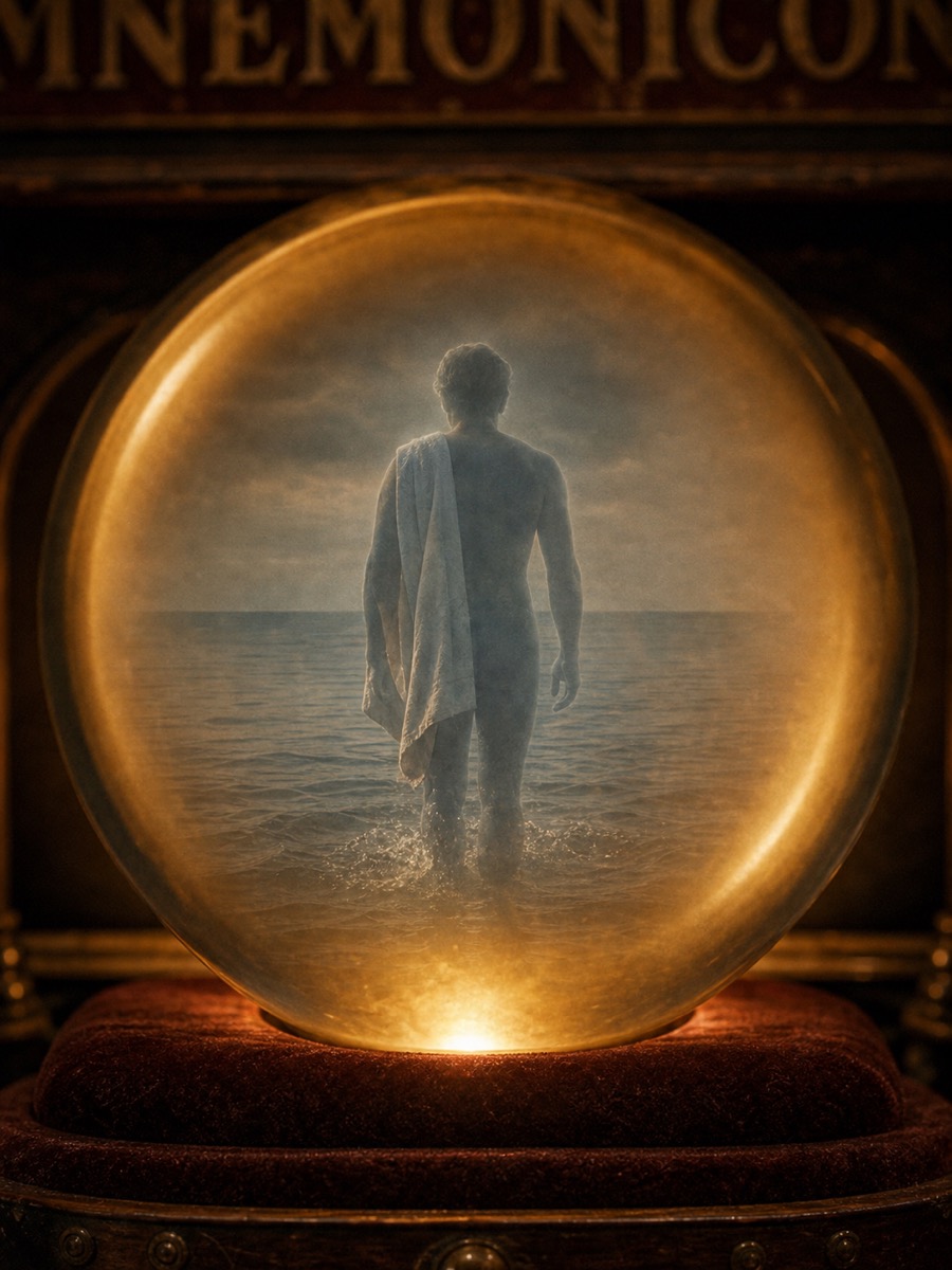 Translucent figure walking into the sea with a towel, a Hitchhiker callback.