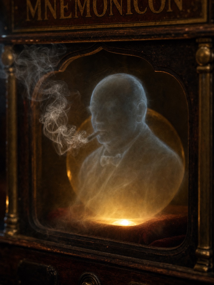 The Mnemonicon cabinet, internally lit, with Churchill's silhouette forming in the crystal ball.