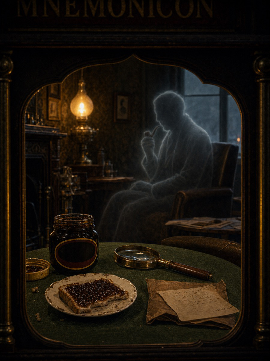221B Baker Street, gaslit, the unlabelled jar on a green baize side table beside a magnifying glass.