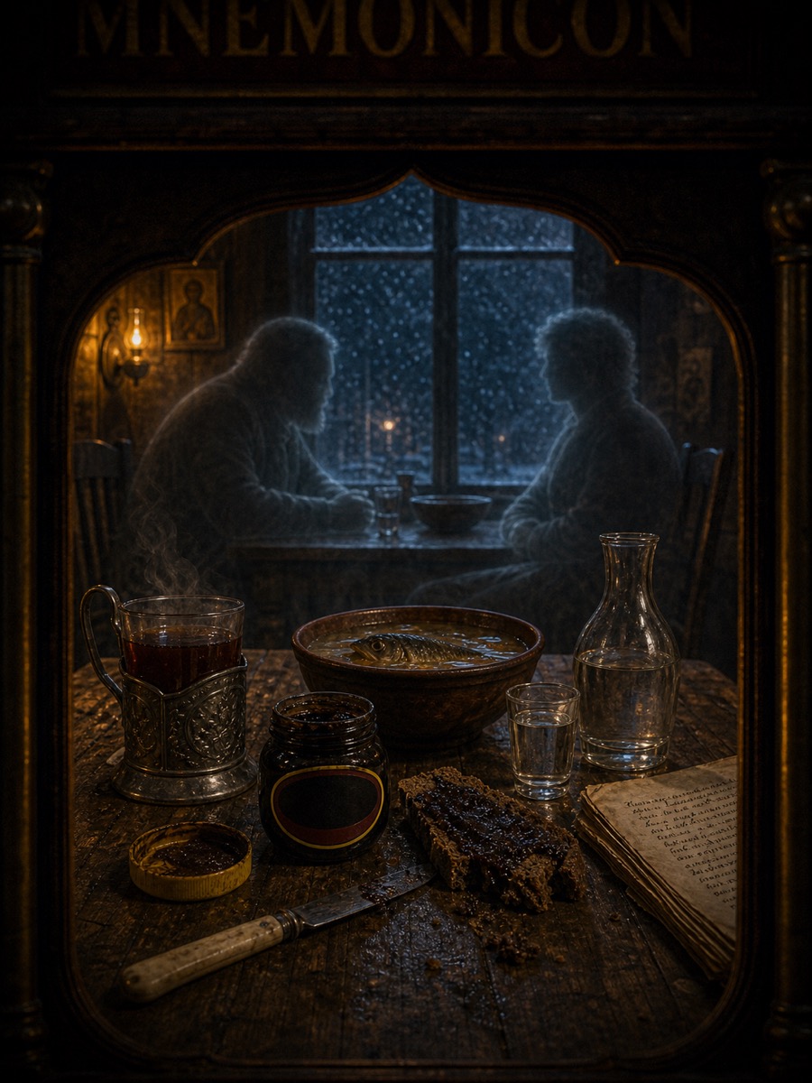The Skotoprigonyevsk tavern, snow at the window, the jar on a sticky wooden table.