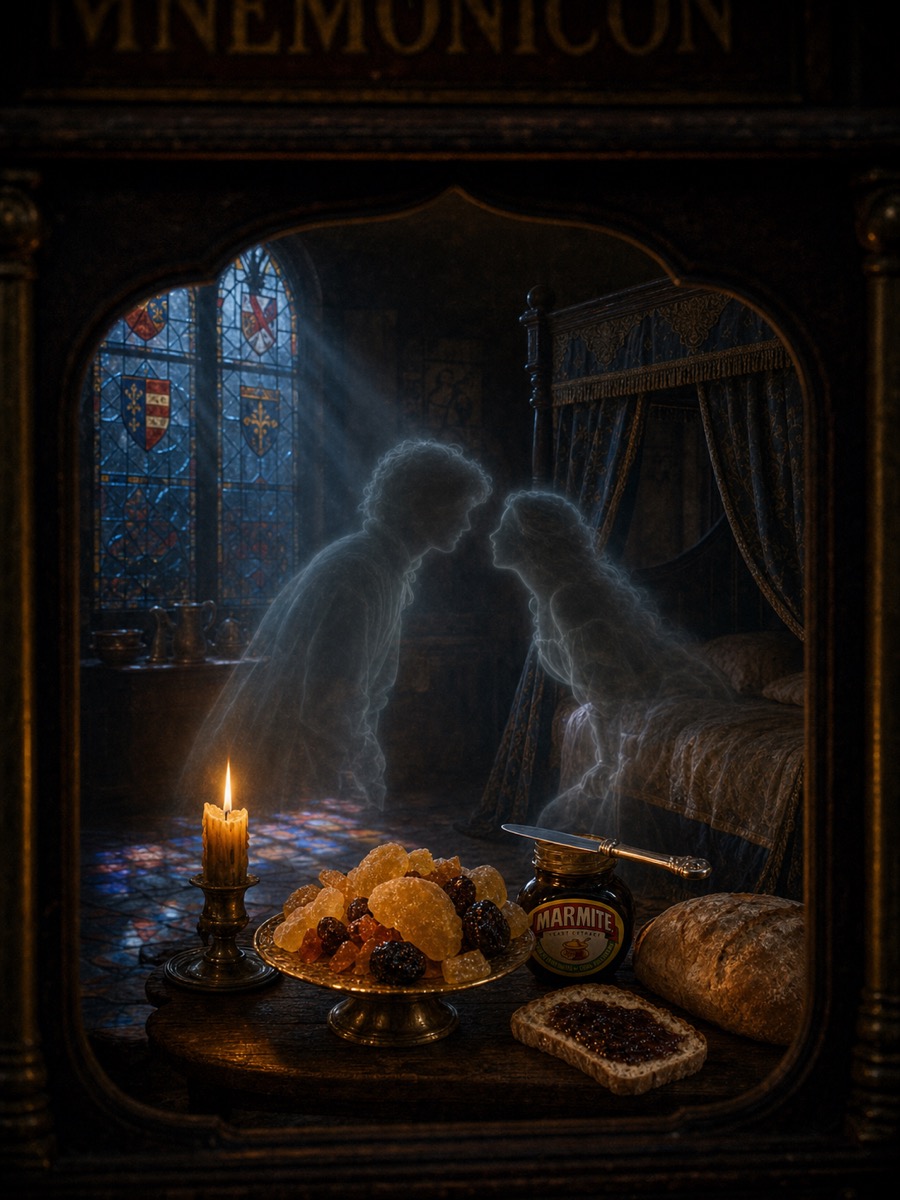 Madeline's chamber on St Agnes Eve, candied feast on a golden dish, the dark jar among it.