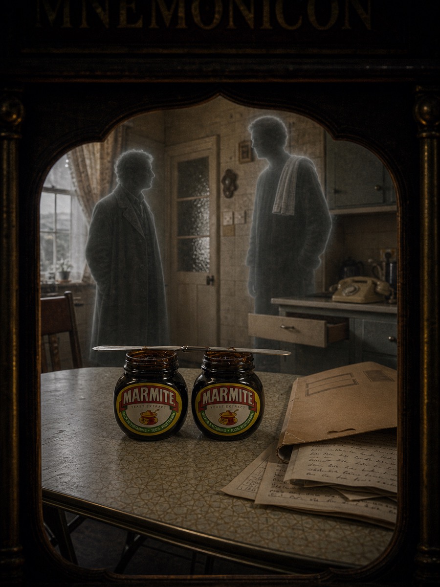Mr Carmichael's kitchen in Leicester, two ghostly figures across a Formica table, two identical jars between them.