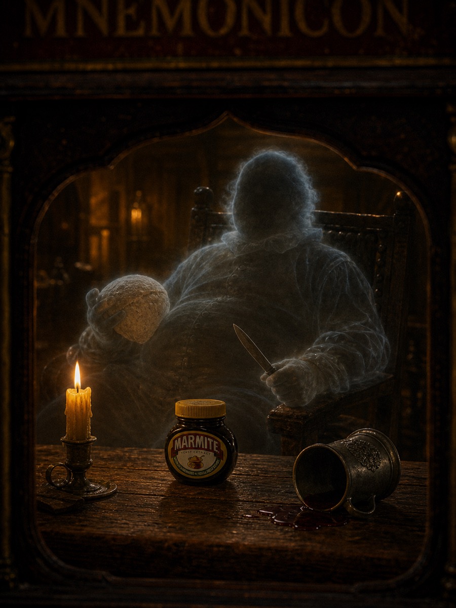 The Boar's Head Tavern at the trestle table, Falstaff slumped, the jar on the boards.