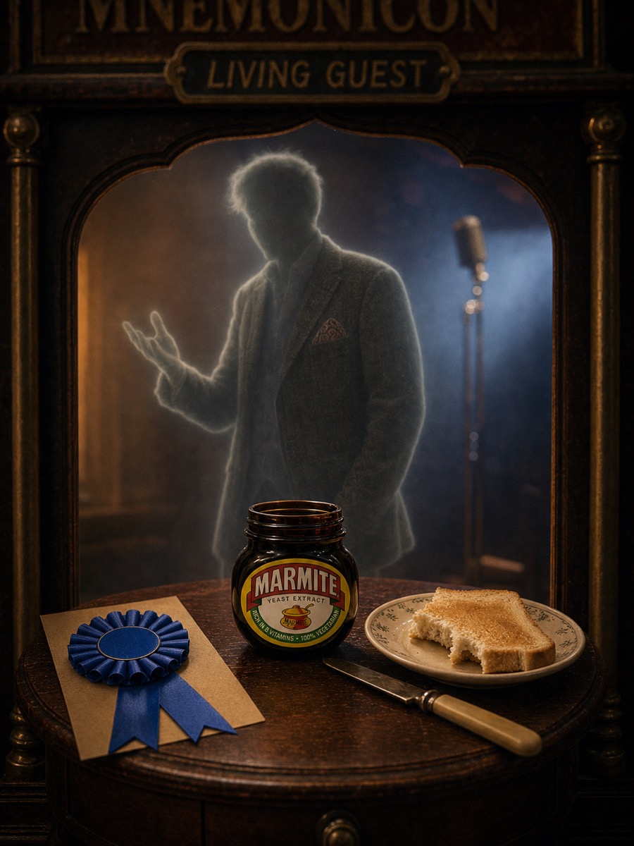 A Conservative Party rosette on a small mahogany side table beside an open jar of Marmite, untouched toast on a bone plate.