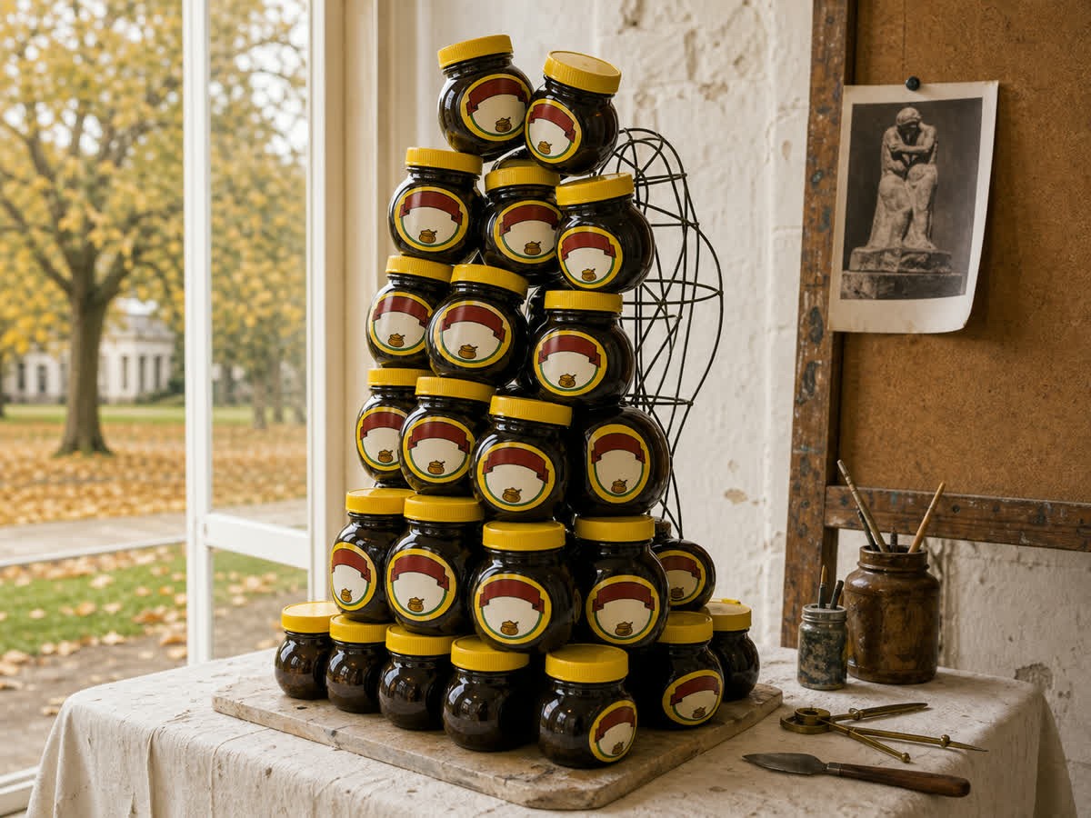 Someone made Rodin's The Kiss out of 420 jars of Marmite