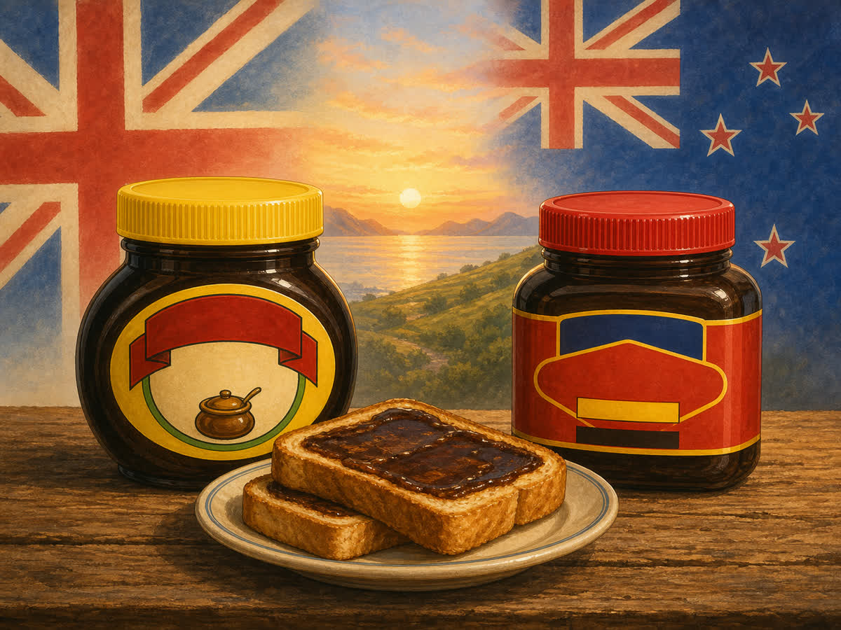 Union Jack alongside the New Zealand flag, two Marmite jars side by side with toast