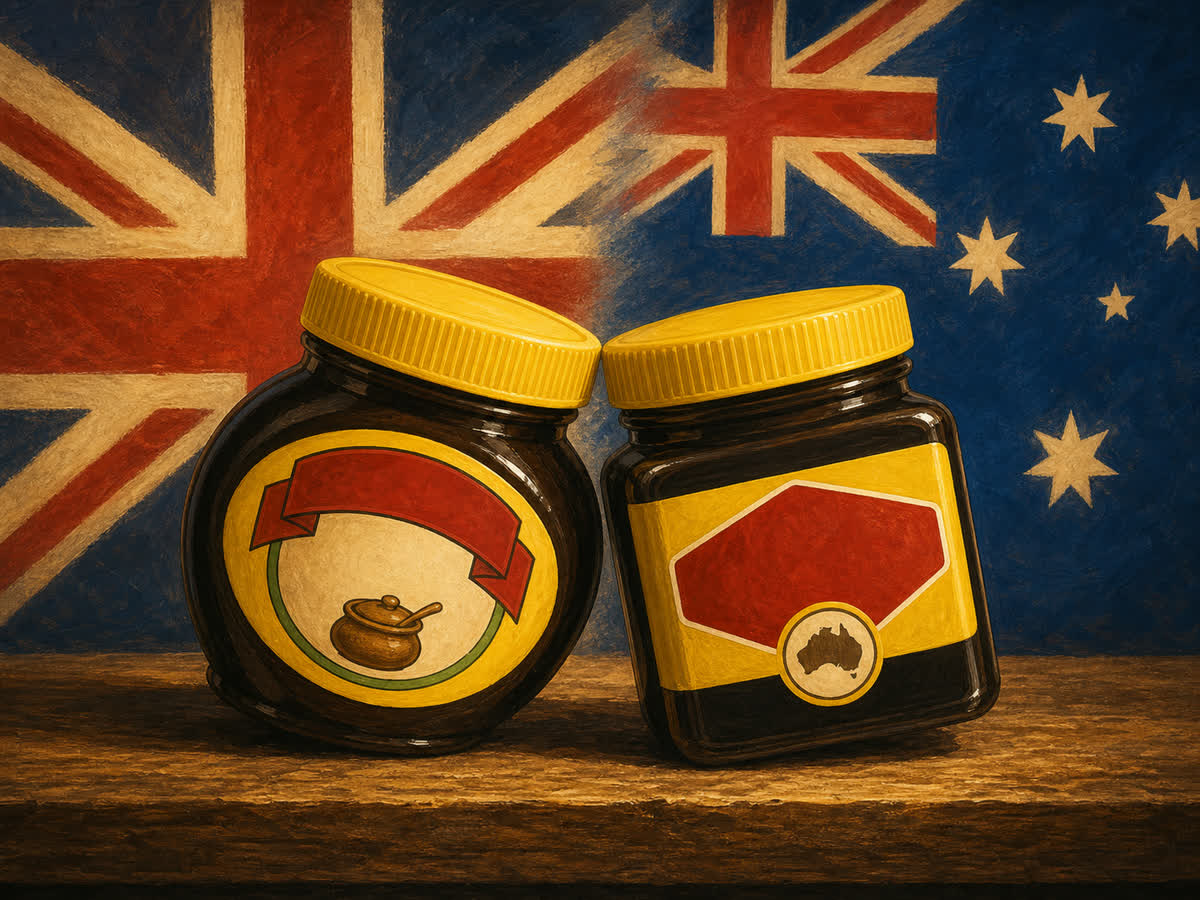 Union Jack and Southern Cross overlapping, a Marmite jar and a Vegemite jar nose to nose