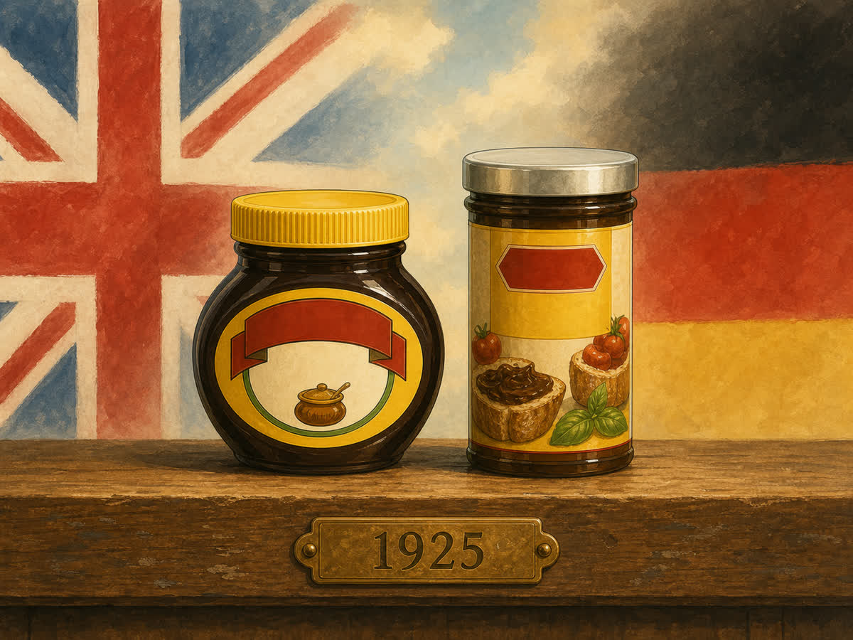 Union Jack blending into the German tricolour with a Marmite jar and a Vitam-style jar on a wooden counter